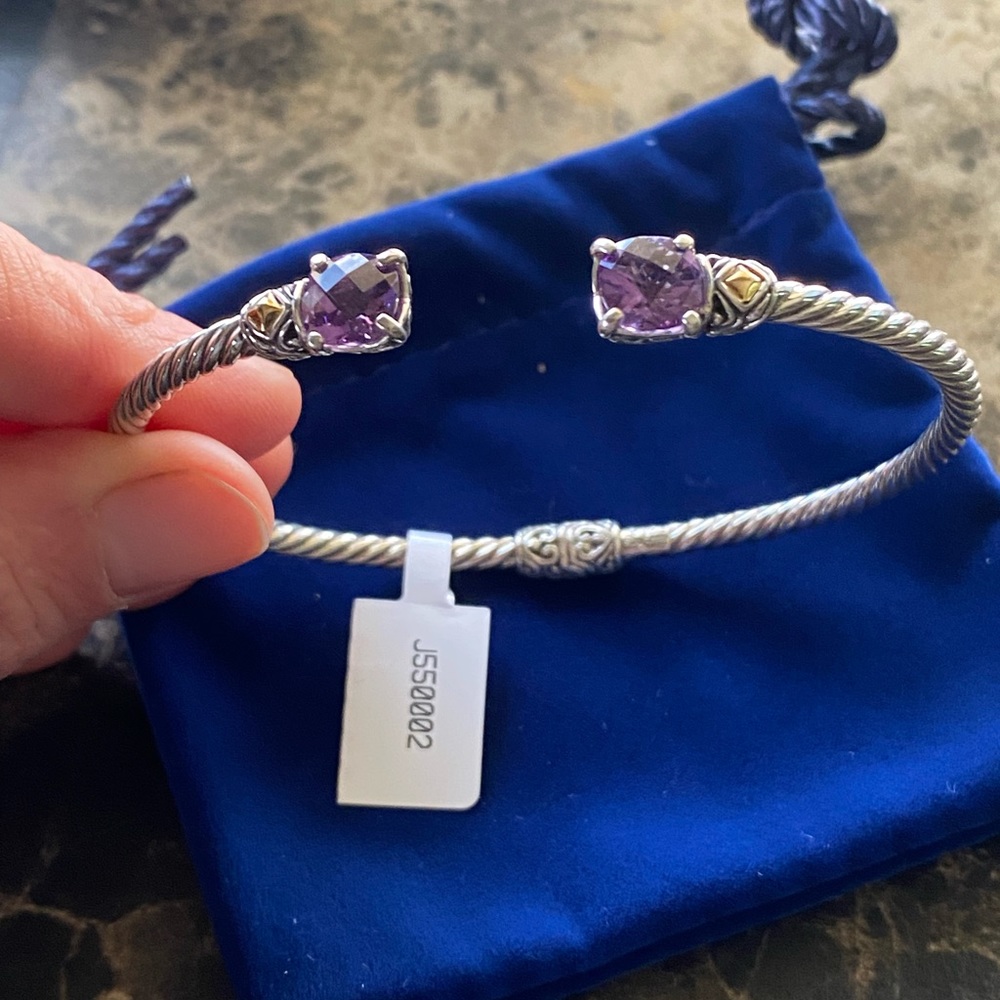 NWT Samuel B. 3mm Sterling Silver 18K Gold Amethyst Glow Bangle Cuff - Picture 3 of 11
